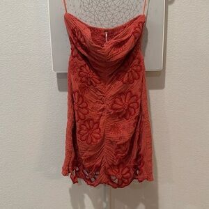 NWOT FREE PEOPLE Mini Dress Strapless Floral Embroidered Smocked Sz Small